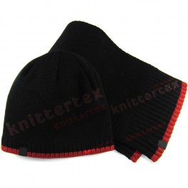 Woven Labeled Black Knit Hat and Scarf Set
