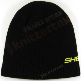 Sideways Text Embroidered Border Ribbed Black Beanie