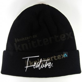 Embroidered Woven Labeled Black Plain Knit Cuff Hat
